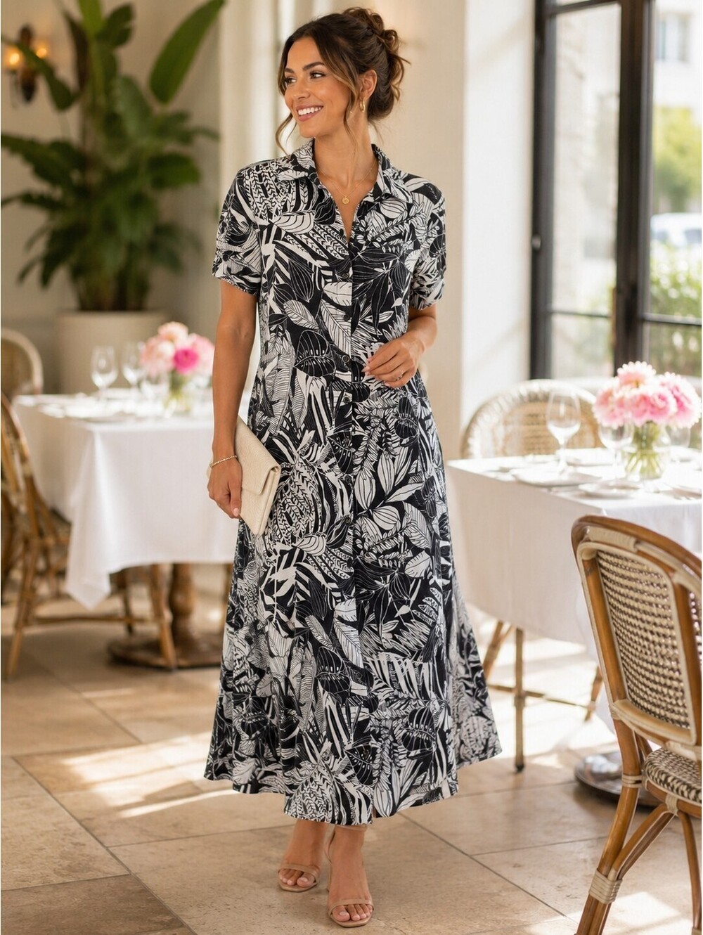 Zara Tropical Leaf Print Maxi Shirt Dress Black/ Beige Button Front Sz XS